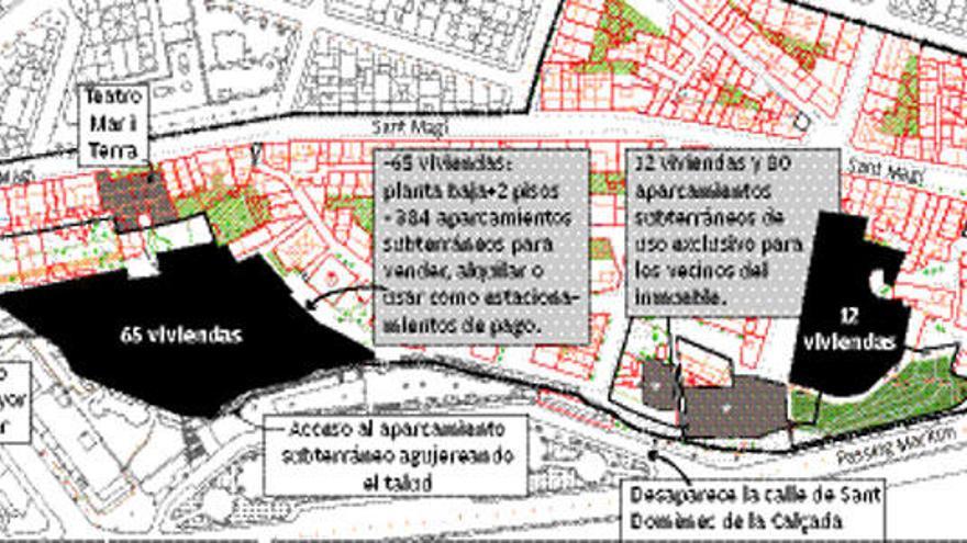 En el solar de mar i Terra (izq.) se prevén 65 viviendas nuevas y hasta 12 pisos en la parcela dels rentadors (Dcha.)