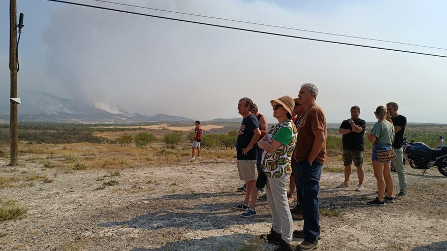 Un grupo de vecinos observa esta mañana de domingo, 14 de agosto, cerca de El Buste, cómo va el incendio