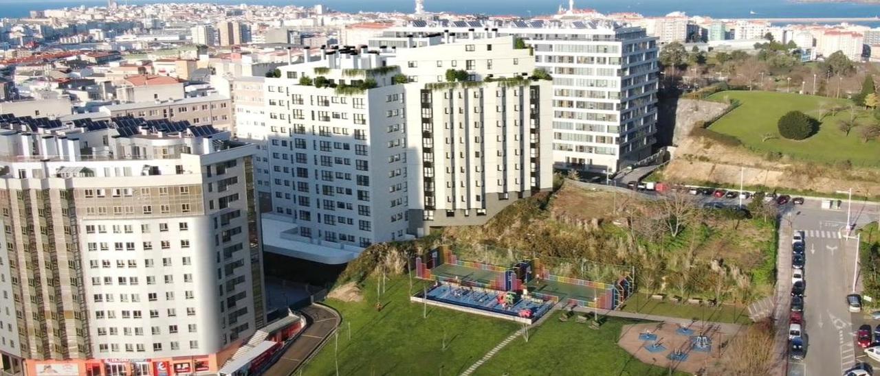 Recreación virtual del edificio de viviendas que promueve Metrovacesa en Eirís, en el centro de la imagen..