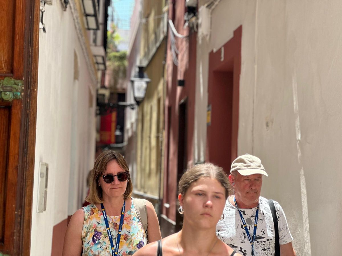 Un grupo de visitantes recorren el barrio de Santa Cruz en un recorrido guiado.