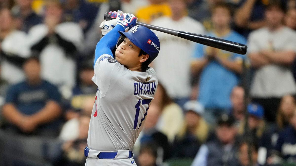 hohei Ohtani #17 of the Los Angeles Dodgers flies out during the third inning against the Milwaukee Brewers in game one of the National League Championship Series at American Family Field on October 13, 2025 in Milwaukee, Wisconsin
