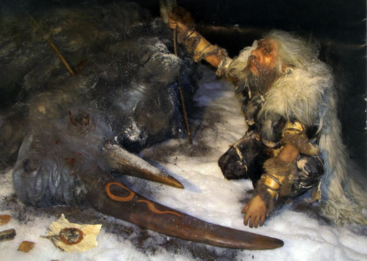 Un oli recrea la caça de mamuts per part de l’home neandertal. Un oli recrea la caça de mamuts per part de l’home neandertal.
