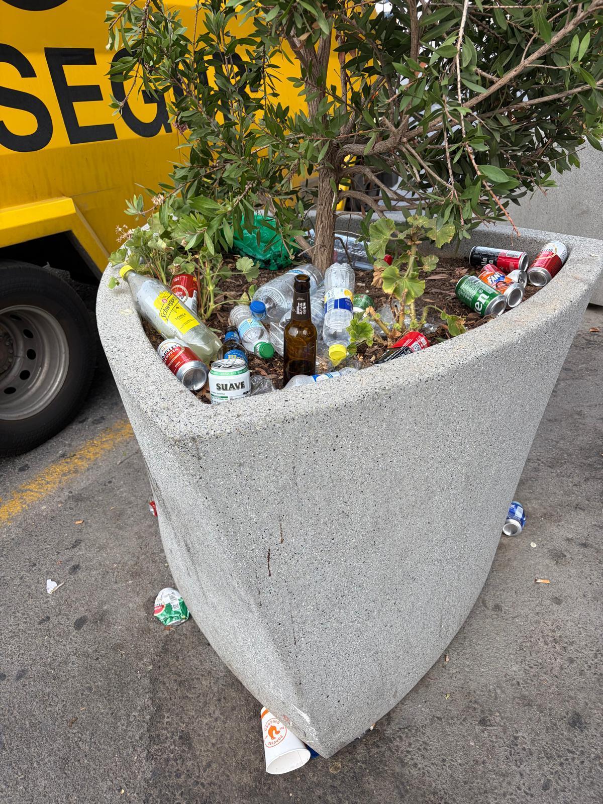 Los maceteros se convirtieron en papeleras improvisadas