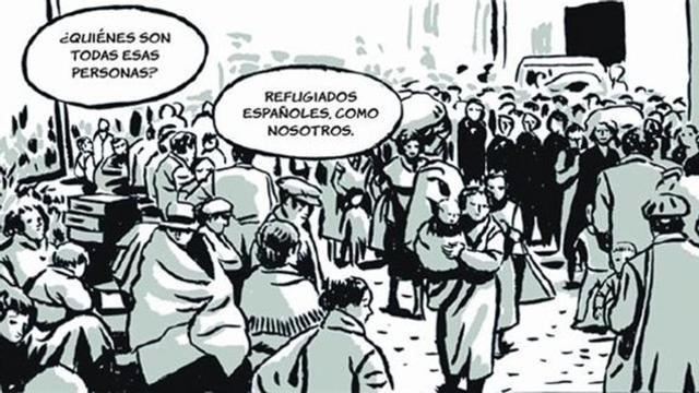 Una viñeta de 'El ángel de la retirada' muestra el éxodo de los refugiados republicanos hacia Francia.
