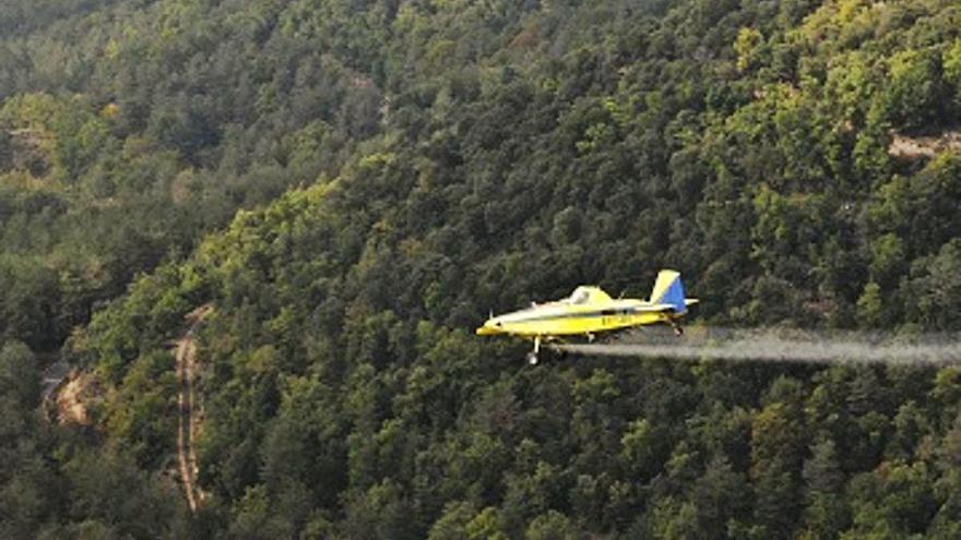 Un avió fa un tractament aeri als boscos catalans