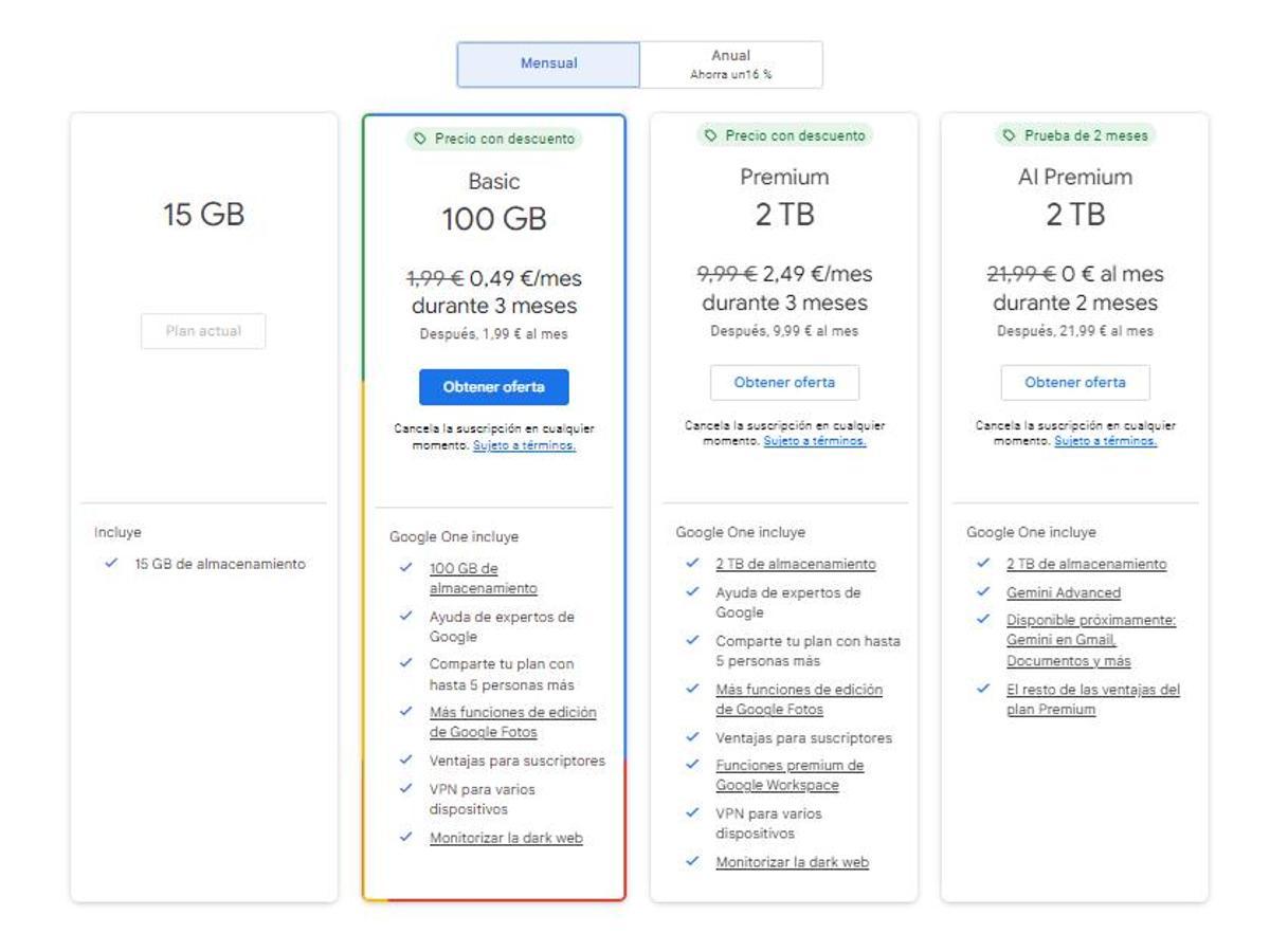 Diferentes planes y características que ofrece Google