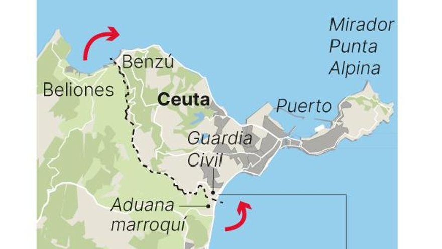 Migrantes llegan a Ceuta desde Marruecos.