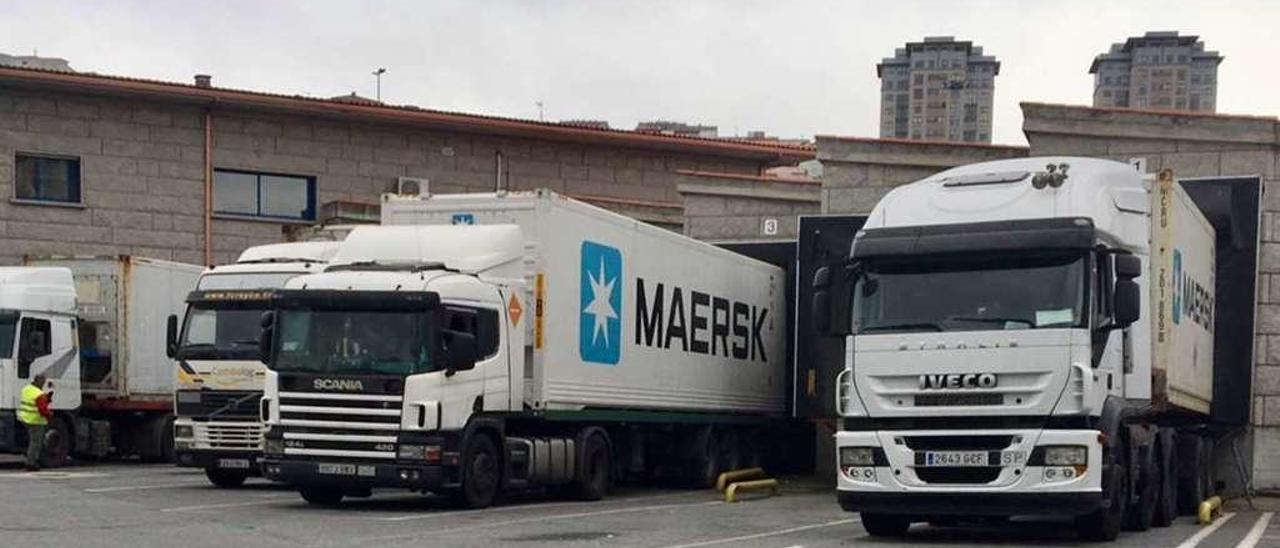 Camiones conectados ayer a los muelles de carga del PIF de Vigo para la inspección de sus contenedores. // FdV