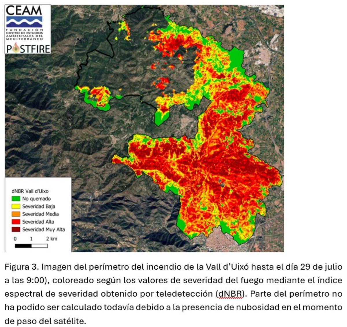 Análisis de la severidad del fuego en la zona afectada por el fuego a 29 de julio, según la plataforma Postfire del CEAM.