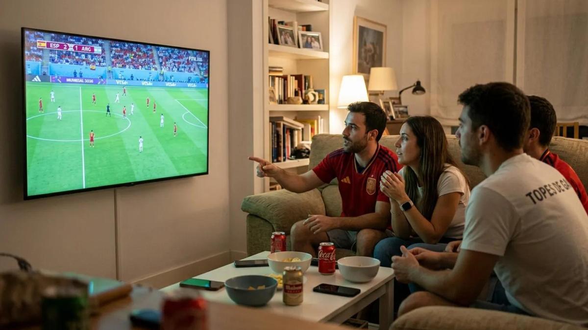 Grupo de amigos viendo un partido de futbol