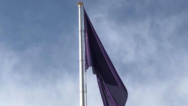 Bandera morada en el Paseo de la Estación