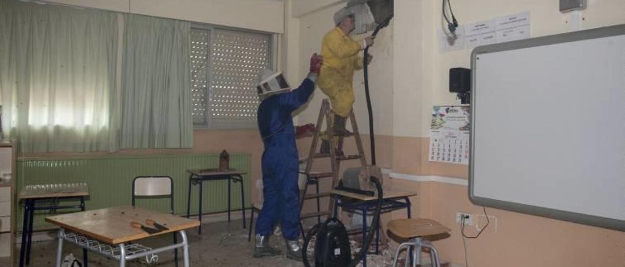 Varios momentos de la actuación de los apicultores en el colegio Óscar Esplá para retirar vivas miles de abejas, aunque algunas perecieron como muestra el suelo.