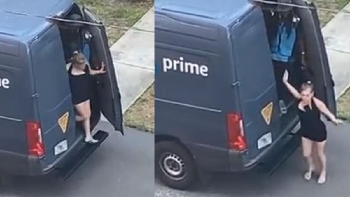 Dos momentos del vídeo donde se ve a la mujer saliendo de la furgoneta de Amazon