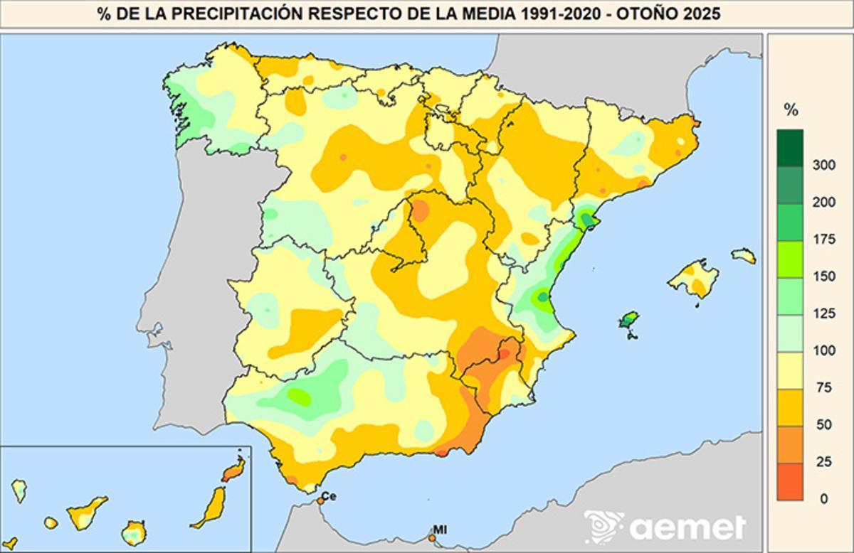 Mapa con el porcentaje de las precipitaciones respecto al promedio normal del período 1991-2020 durante el otoño de 2025