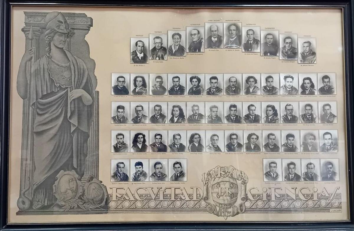 Orla de la promoción de 1950 de la Facultad de Ciencias. La fotografía de Orestes Martínez Gayol se sitúa en la esquina superior derecha de la zona de alumnos .| Juan Manuel Diez Tascón