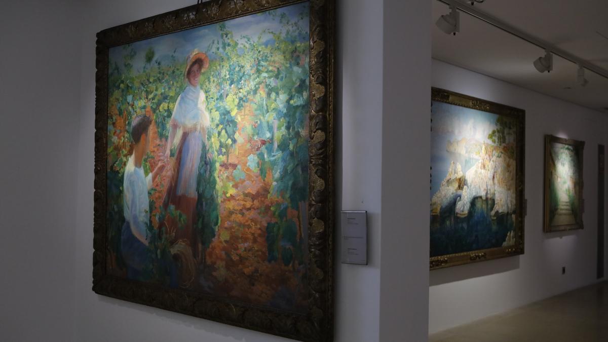 Gemälde von Pilar Montaner im Stil es Modernisme: Eine Frau bindet die Zweige eines Weinstocks.