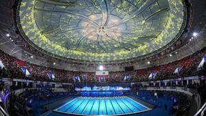 Una vista general de la apertura del 14º Campeonato Mundial de Natación FINA (25m) se muestra en Hangzhou.