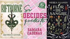 Las portadas de las novelas Riftborne, Si decides quedarte y Flor de sangre