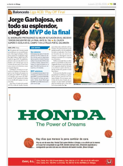 El Unicaja se midió en la gran final de la ACB al Tau Cerámica. Así contamos en 2006 en nuestras páginas el primer gran título liguero del conjunto verde