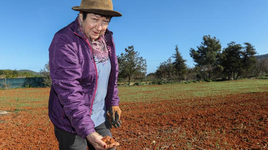 María Marí muestra lo seca que está la tierra en Can Musson.