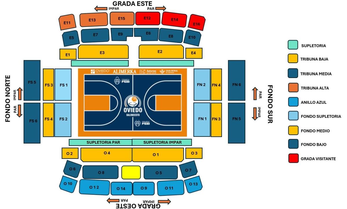 Así se distribuyen las zonas en el Palacio de los Deportes para los partidos del Alimerka Oviedo Baloncesto