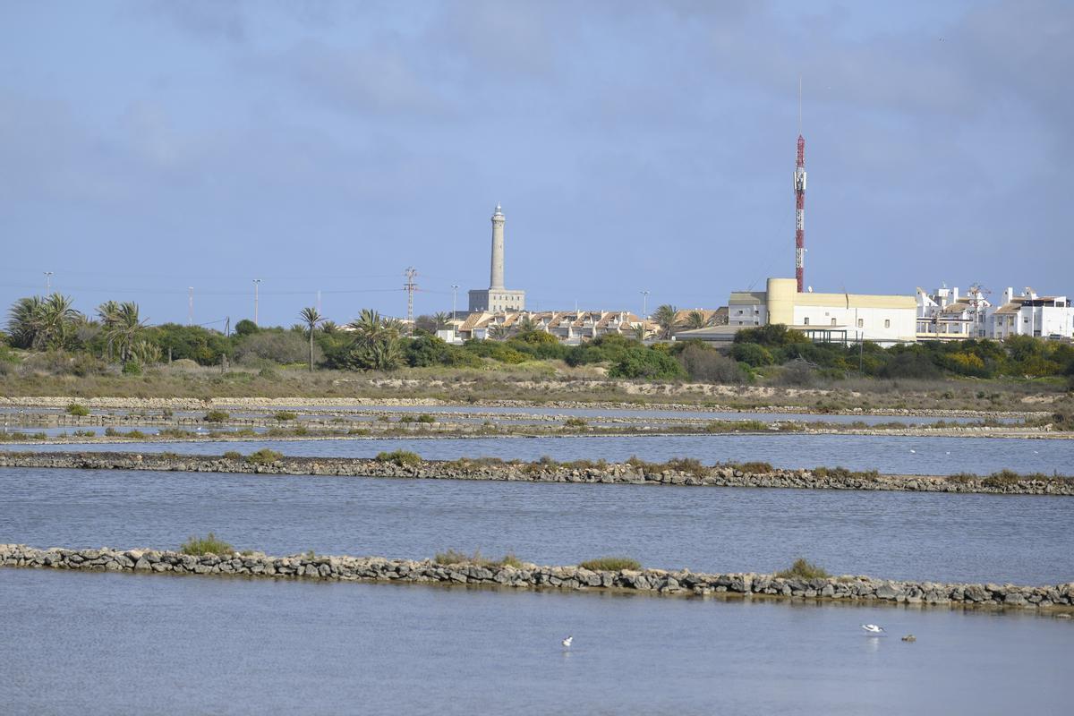 Las salinas de Marchamalo adquiridas por ANSE, con el faro de Cabo de Palos al fondo.