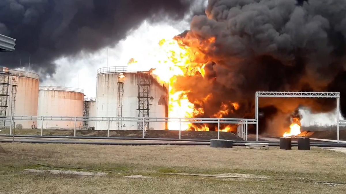 Oil depot burns after alleged airstrike in the city of Belgorod, Russia