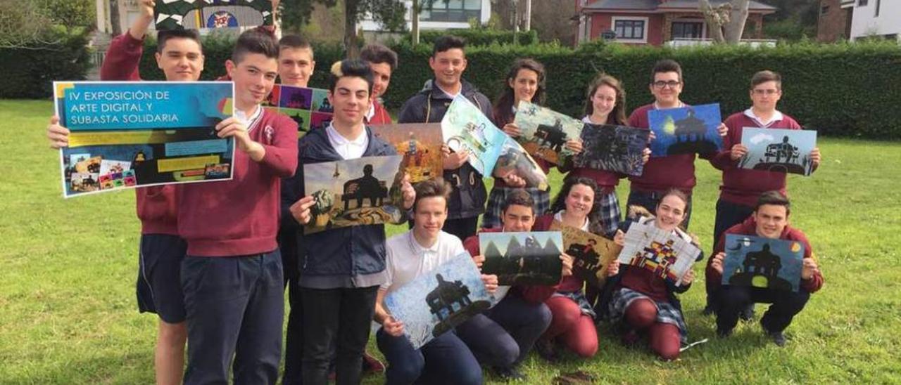 Alumnos del colegio Santo Domingo con sus obras sobre la estatua de Ramón de Campoamor.