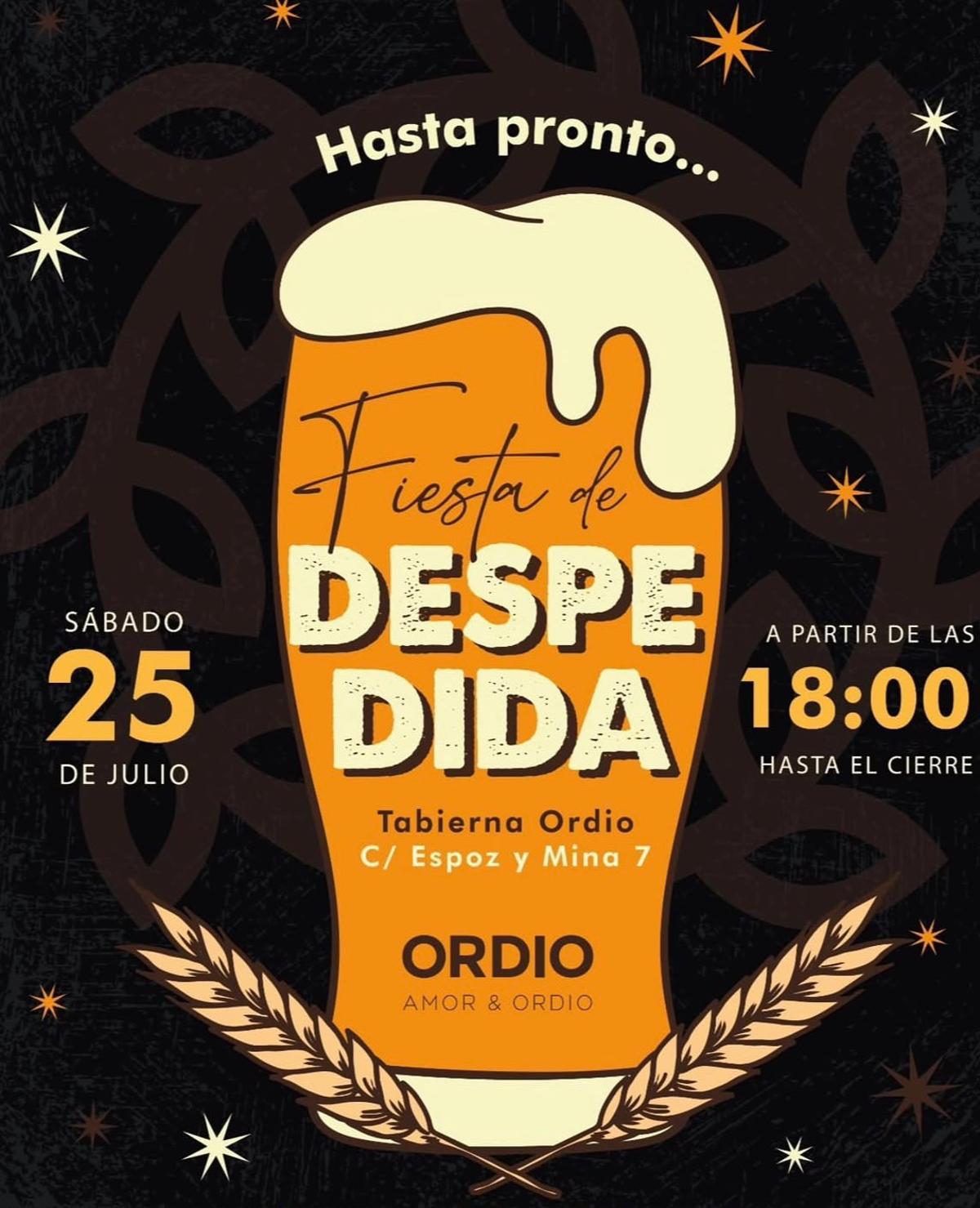 Cartel promocional de la fiesta de despedida de la taberna de Cervezas Ordio