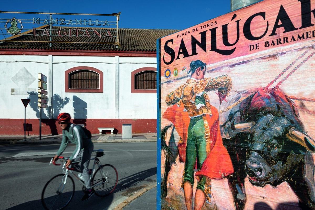 typical poster of the bullfight with the La Gitana sherry winery in the backgroung. Sanlucar de Barrameda. Cadiz. Spain