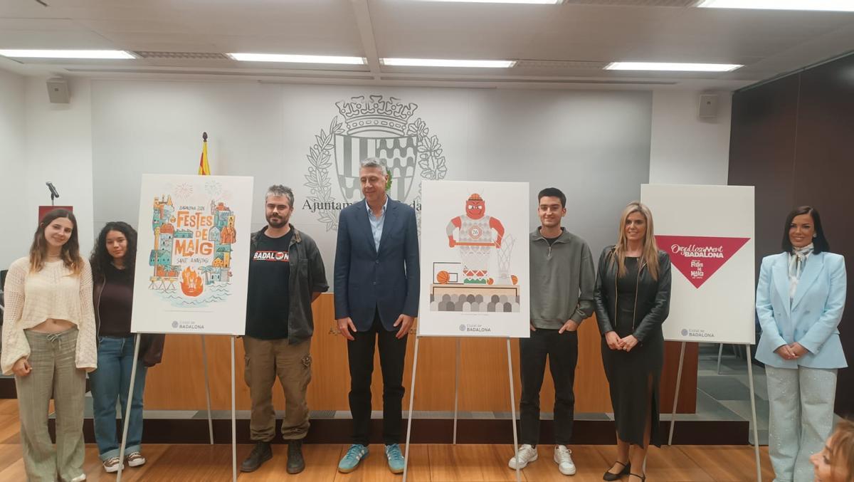 Los creadores del cartel, el Dimoni y el pañuelo de las Festes de Maig 2026 de Badalona, junto al alcalde Albiol y la concejala Agüera