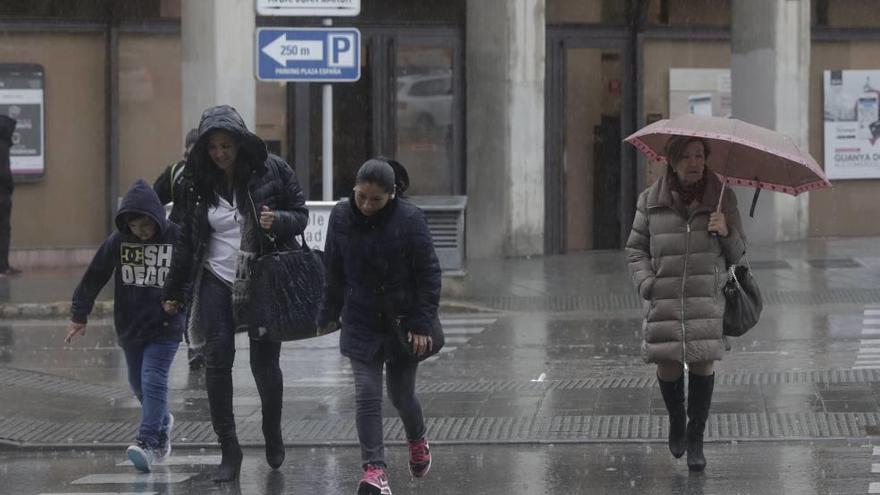 Paraguas y capuchas para protegerse de la lluvia, ayer, en las calles de Palma.