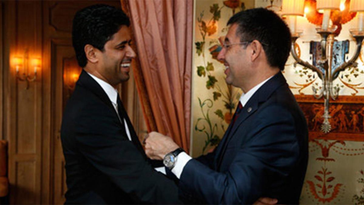 Nasser Al Khelaiffi y Josep Maria Bartomeu, presidente del PSG y del FC Barcelona, respectivamente