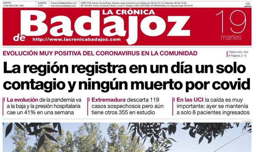 Esta es la portada de LA CRÓNICA DE BADAJOZ correspondiente al día 19 de mayo del 2020