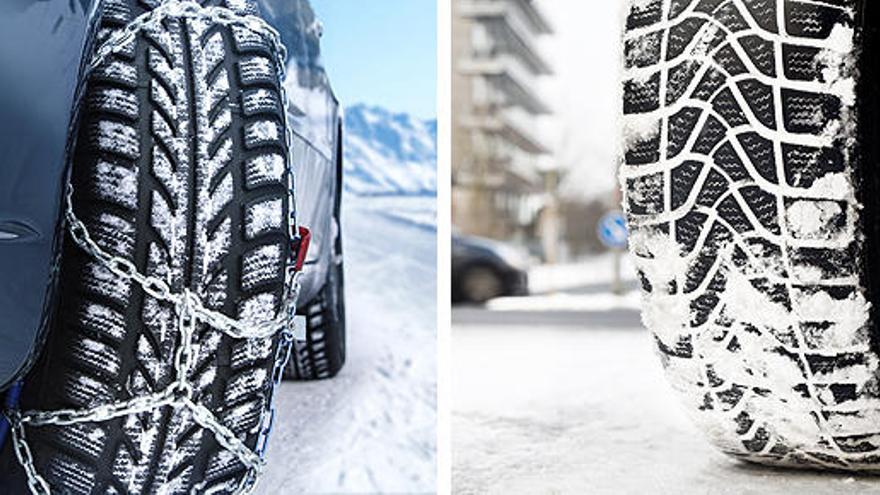 Un coche con cadenas y otro con neumáticos de invierno.