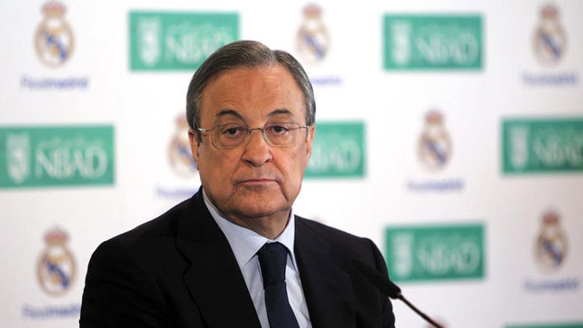 Florentino Pérez, en la presentación oficial del acuerdo firmado por el Real Madrid y el Banco Nacional de Abu Dhabi