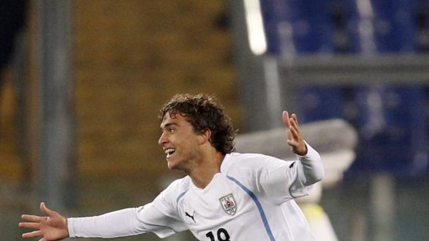 Sebas celebra el gol de la victoria de Uruguay.