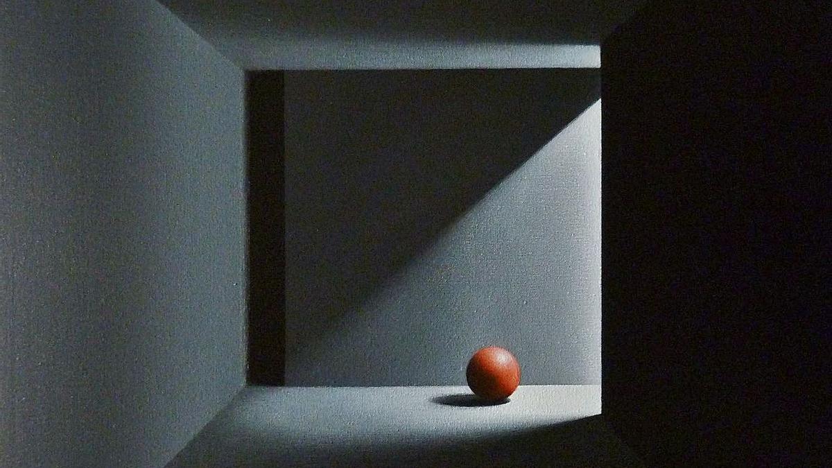 “Little red ball n.º 2” (50 x 50 cm.), acrílico sobre lienzo.