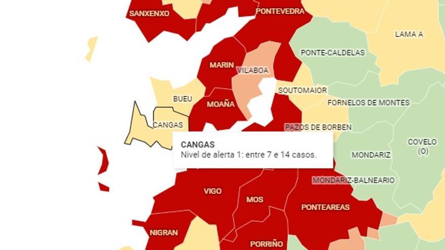 Mapa que muestra las alertas en la comarca de O Morrazo.
