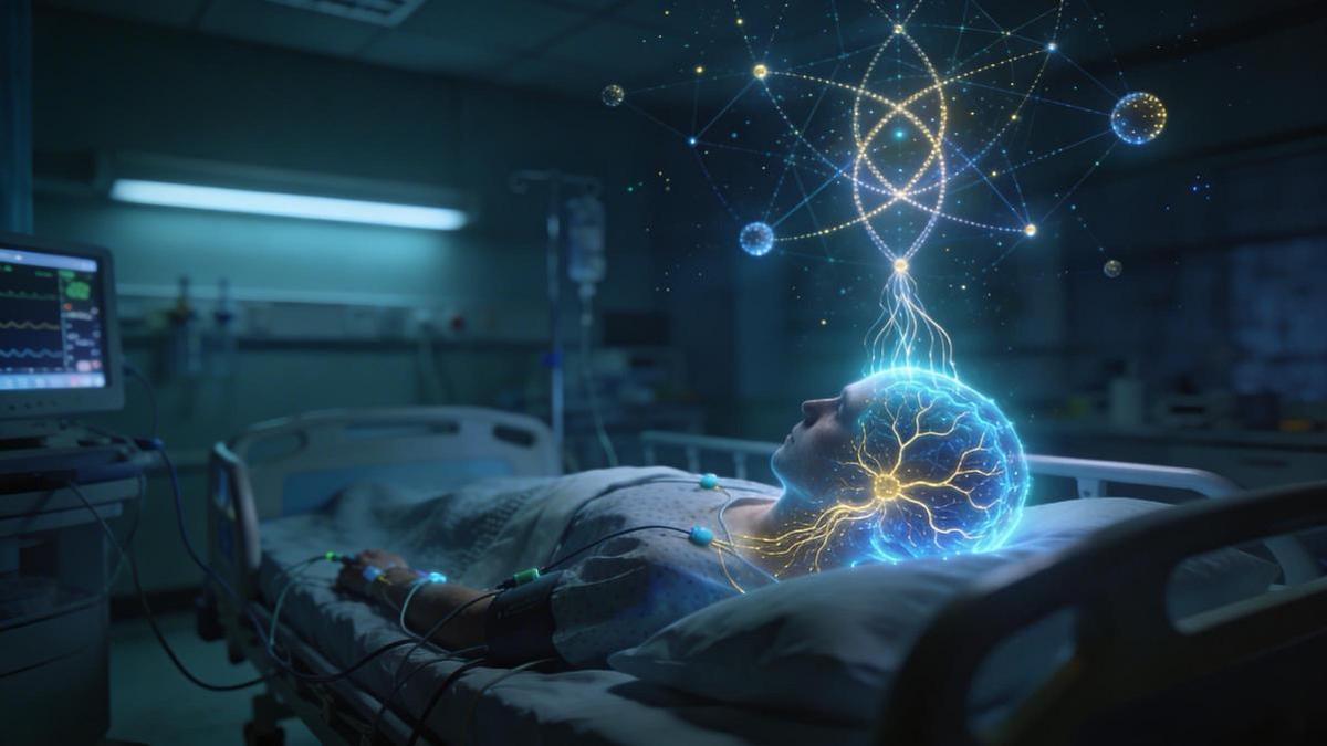 Visualización metafórica de la intersección entre cerebro, cuidados intensivos y procesos cuánticos, donde la actividad neuronal parece tejer una constelación invisible sobre la cama de UCI.
