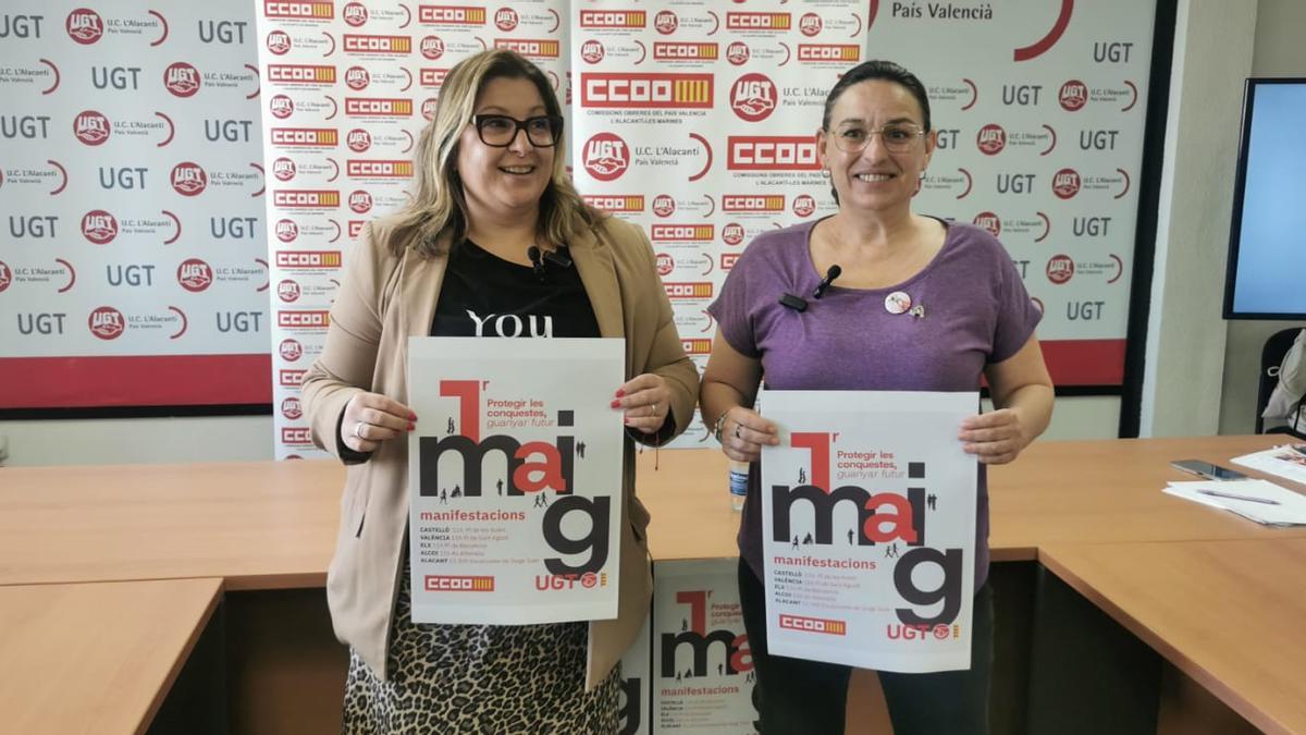 La secretaria general de UGT en l'Alacantí y la Marina, Yolanda Díaz, y su homóloga de CC OO, Eva Calleja, este martes.