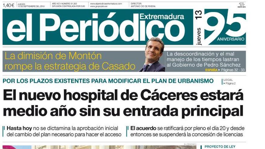 Esta es la portada de EL PERIÓDICO EXTREMADURA correspondiente al día 13 de septiembre del 2018