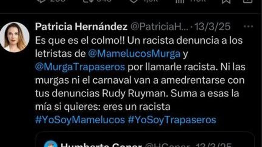 Uno de los dos tweets que publicó Patricia Hernández sobre la denuncia de Rudy Ruymán a Mamelucos y Trapaseros.