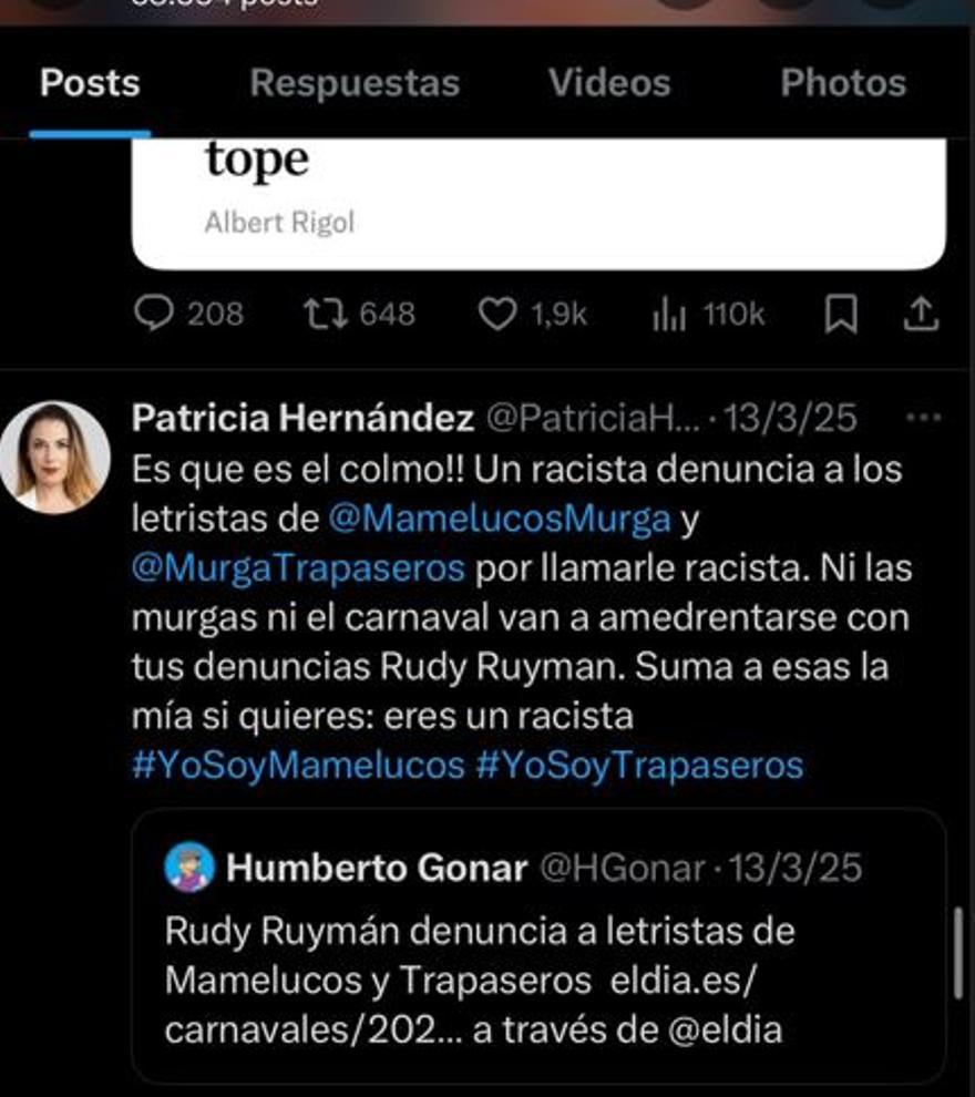 Rudy Ruymán pide 15.000 euros a la socialista Patricia Hernández por llamarlo racista como Trapaseros y Mamelucos