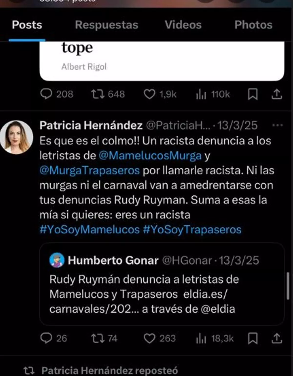 Rudy Ruymán pide 15.000 euros a la socialista Patricia Hernández por llamarlo racista como Trapaseros y Mamelucos