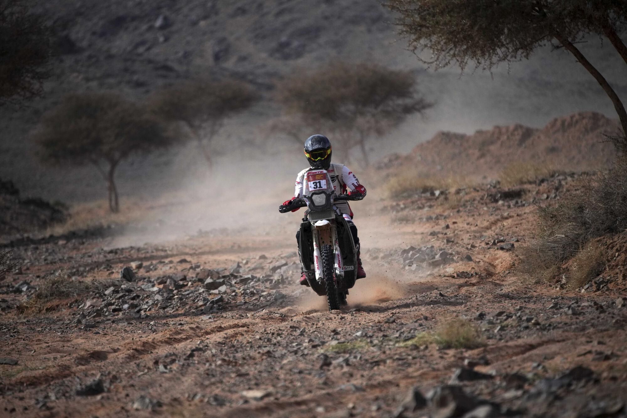 Jeremy Miroir of France rides during the fifth stage of the Dakar Rally between Alula and Hail, Saudi Arabia, Thursday, Jan. 9, 2025. (AP Photo/Christophe Ena). EDITORIAL USE ONLY / ONLY ITALY AND SPAIN
