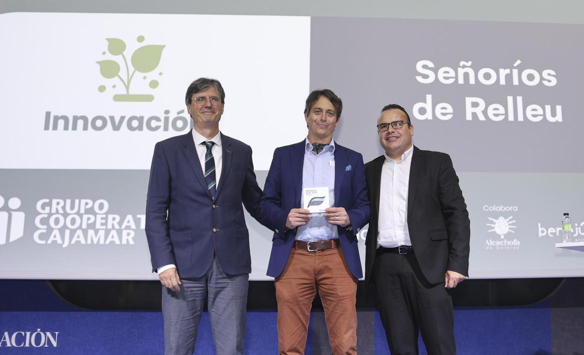 Hugo Quintanilla, gerente de Señoríos de Relleu (en el centro de la imagen), recibió el premio a la Innovación de manos de José Luis Todolí y Alberto Travé, miembros del jurado.