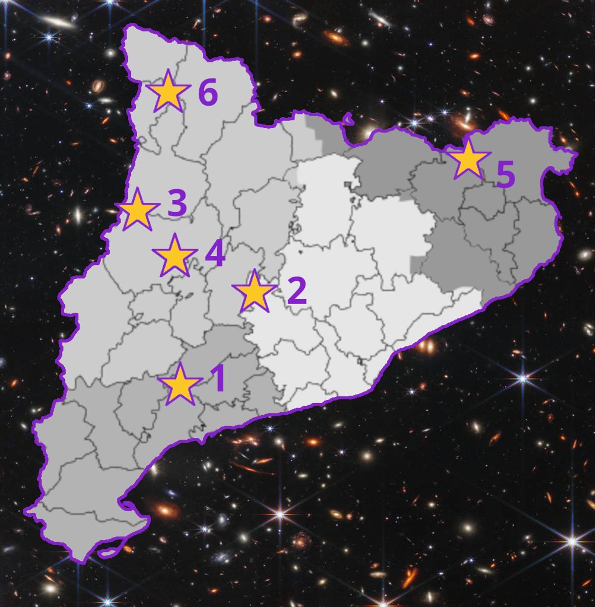 Mapa con los observatorios astronómicos y zonas con certificados de calidad del cielo nocturno