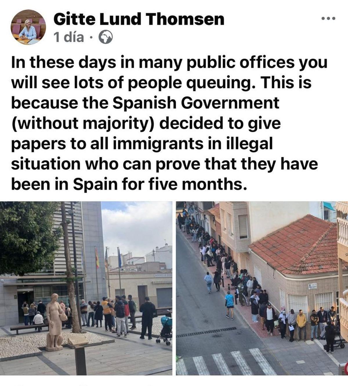 Mensaje de la concejala en la que difunde el bulo de que todos los inmigrantes sin su situación regularizada en España podrán permanecer en el país solo con acreditar 5 meses de estancia
