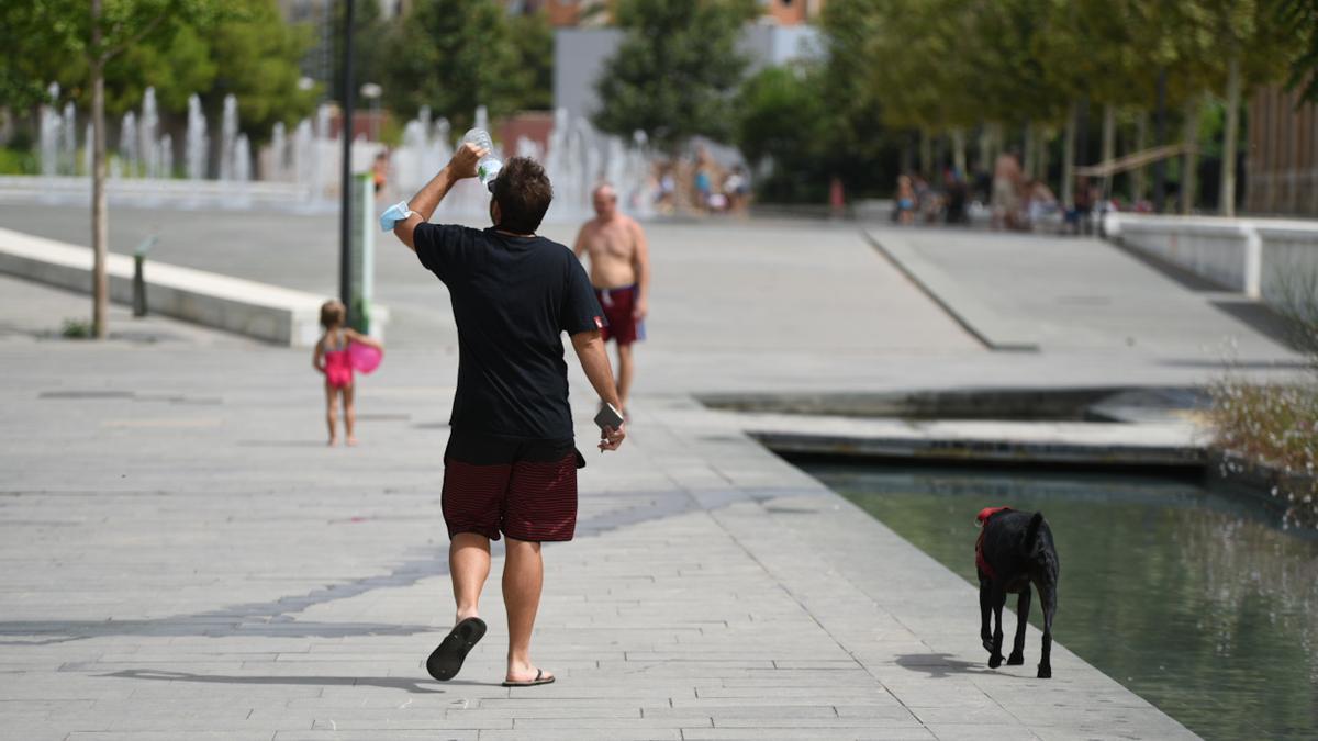 Un hombre pasea con su perro en plena ola de calor.
